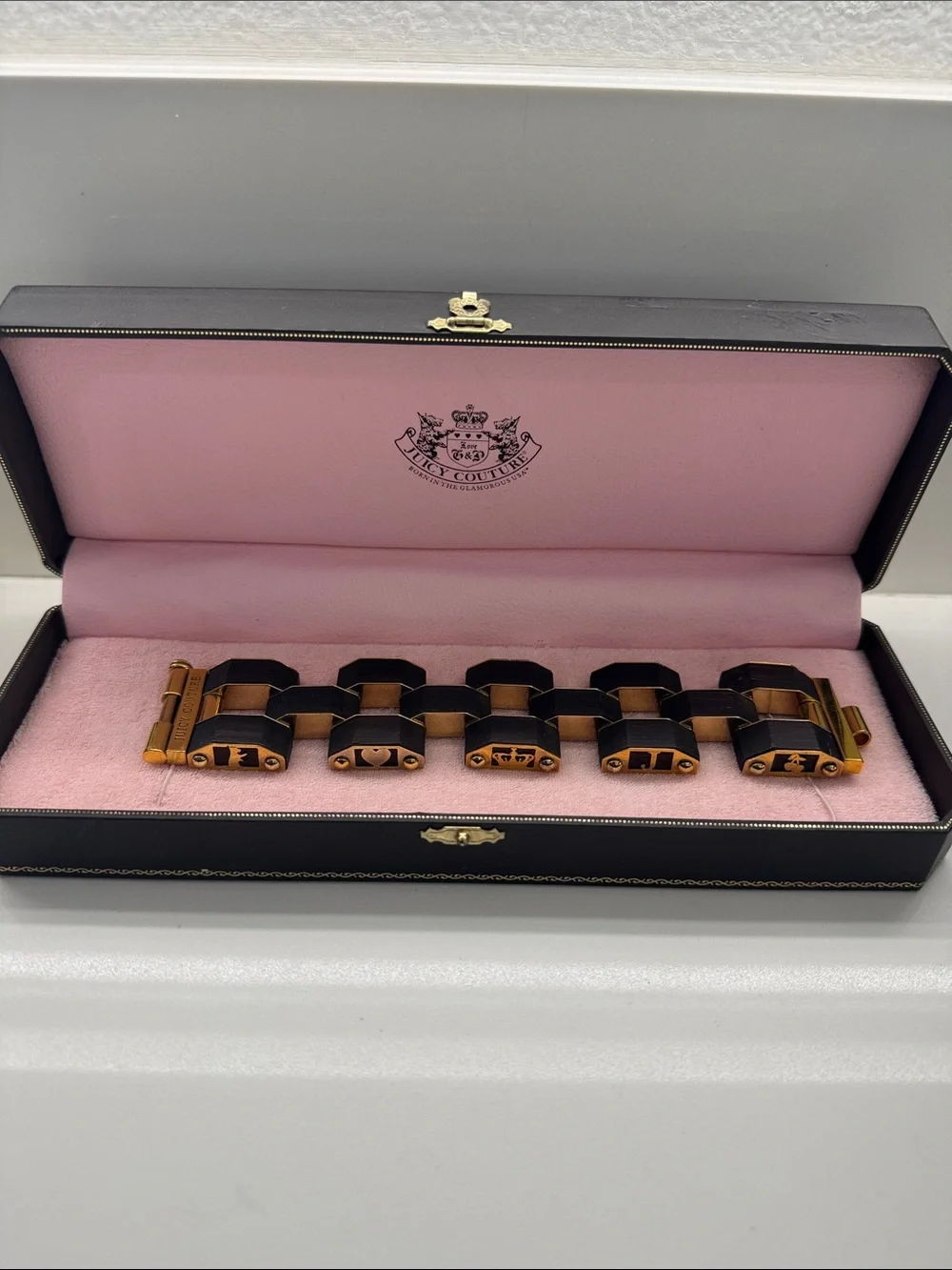 Juicy Couture Black and Gold Link Bracelet in Presentation Case